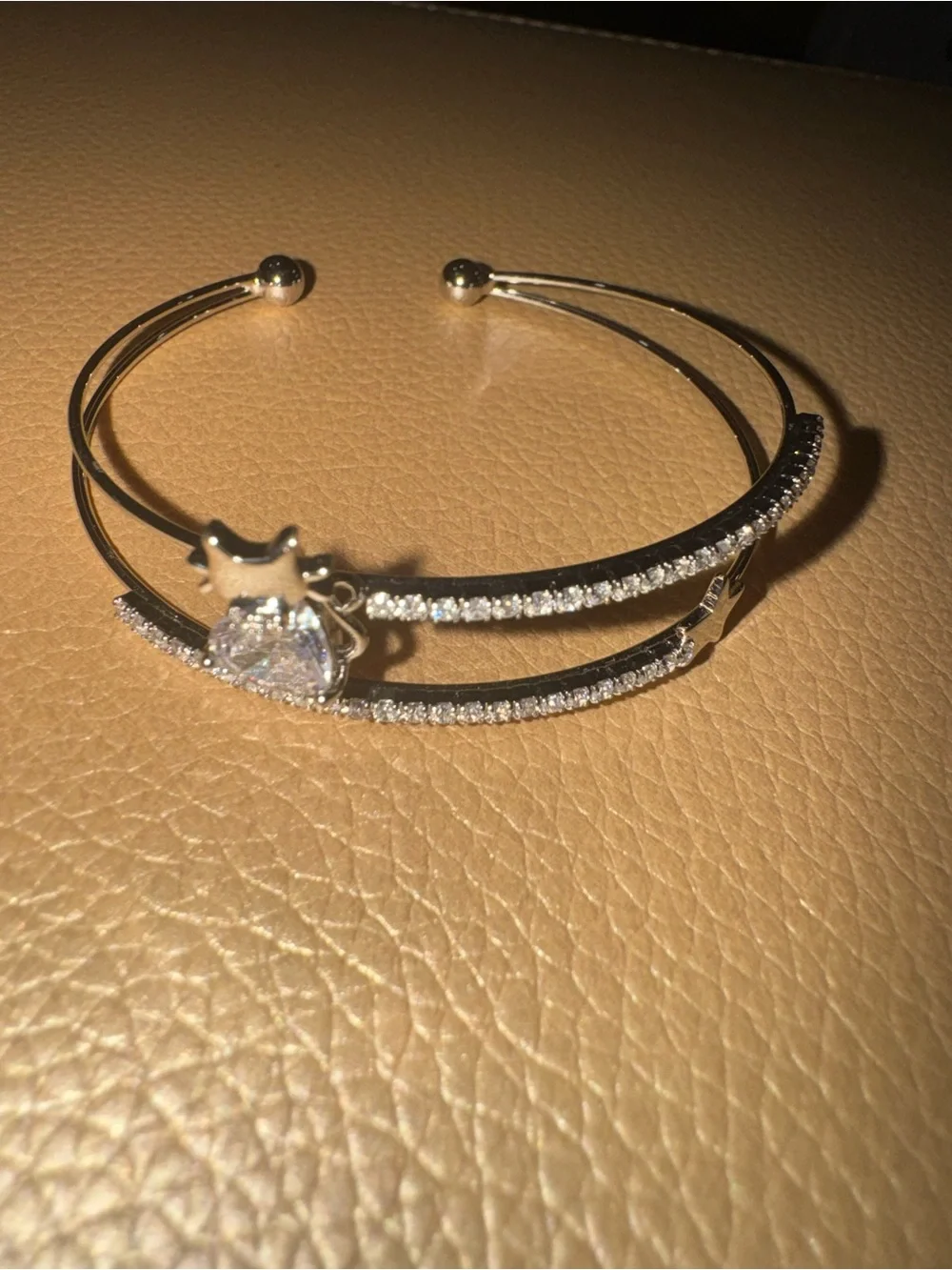 Kids Silver-Tone Heart Accent Double-Band Cuff Bracelet-Cat Crystal